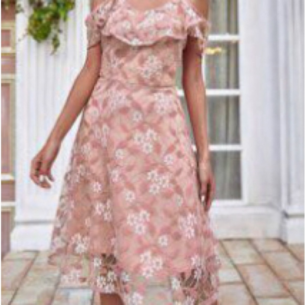 Off the shoulder, ditsy-floral, lace dress.